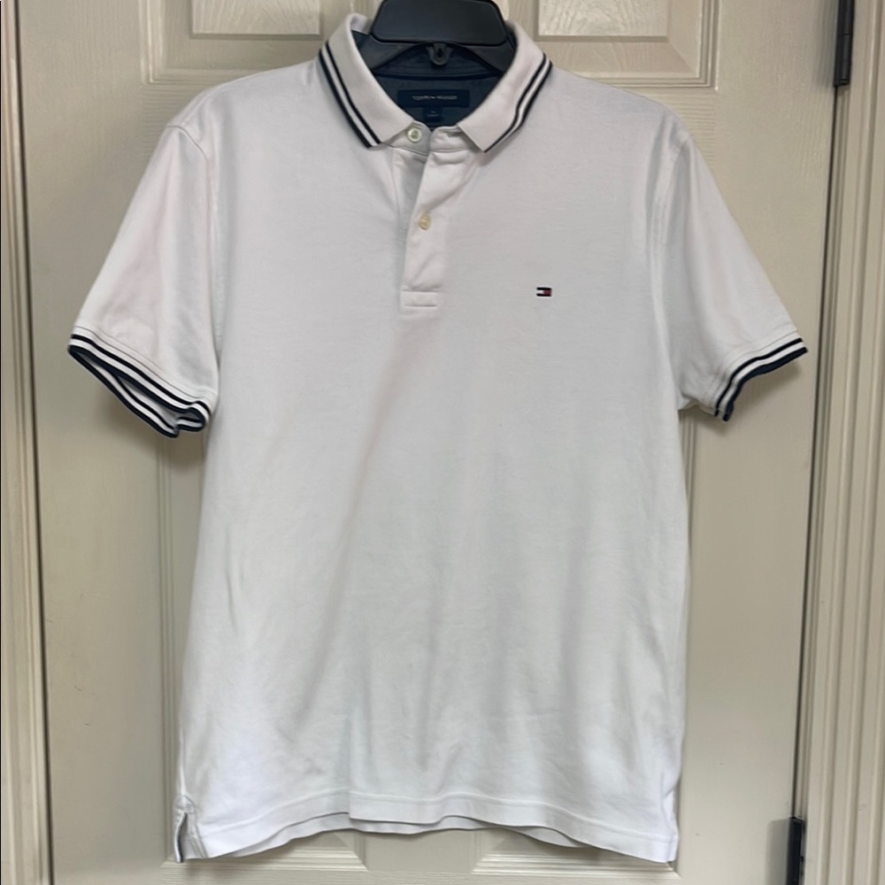 Tommy Hilfiger White Polo Shirt with Navy Trim custom fit